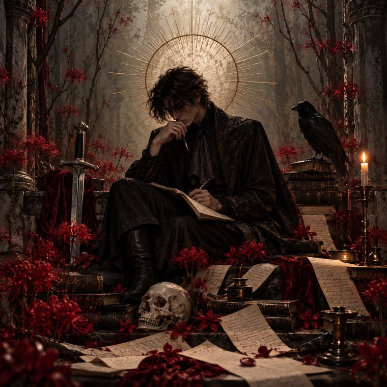 R.C. Blackmere seated on a stair of old books, writing by candlelight beneath a gilded halo, surrounded by red spider lilies, a raven and a sword.