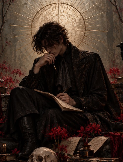 Portrait of R.C. Blackmere, writing in a bound journal beneath a gilded halo.